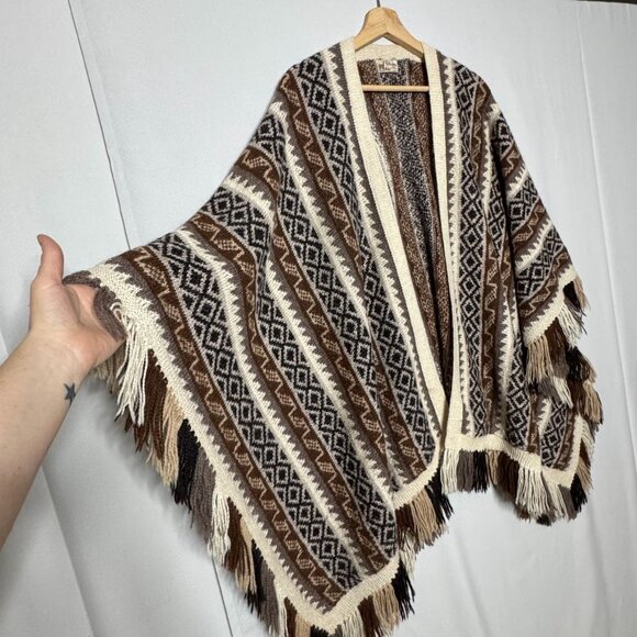 Fotrama 100% Alpaca Wool Brown Black Ivory Fringe Hem Knee Length Poncho Onesize - Picture 2 of 14